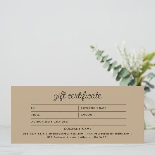 Logo Boho Beige Script Modern Gift Certificate (Stehend Vorderseite)