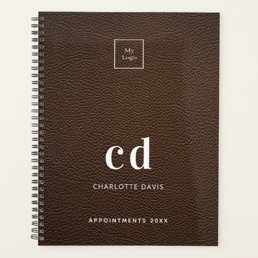 Logo-Braune Leder-Monogramm-Initialen Planer (Vorderseite)