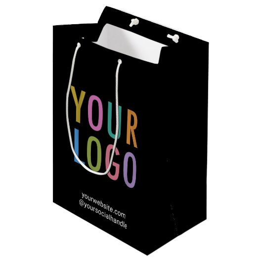 Logo-Bulle für die Black Custom Gift Bag Business Mittlere Geschenktüte (Vorderseite Schrägansicht)