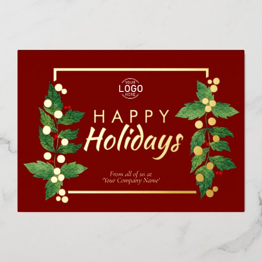 Logo Business Happy Holidays Burgundy Gold Card Folieneinladung (Vorderseite)