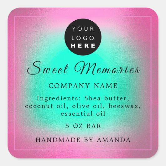 Logo Butter Kosmetische Seife Etikett Rosa Grün Quadratischer Aufkleber (Vorderseite)