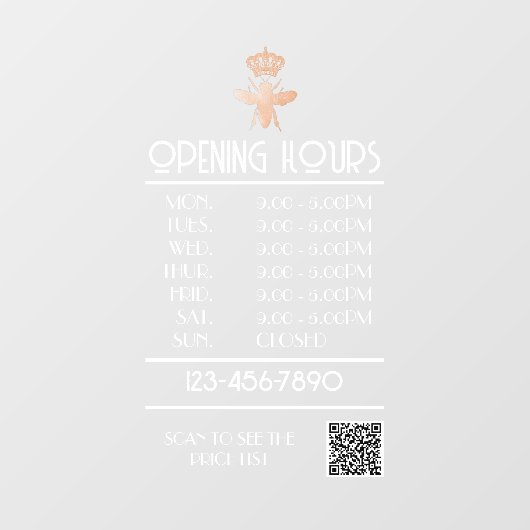 Logo "Custom QUEEN BEE White Business Open Hours" Fensteraufkleber (Blatt)