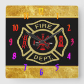 Logo der Feuerwehr Gold und Abzeichen Quadratische Wanduhr (Vorderseite)