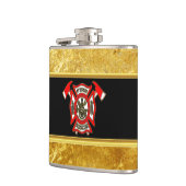 Logo der Feuerwehr Gold und Rotes Abzeichen Goldfo Flachmann (Links)