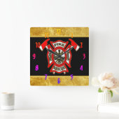 Logo der Feuerwehr Gold und Rotes Abzeichen Goldfo Quadratische Wanduhr (Zuhause)