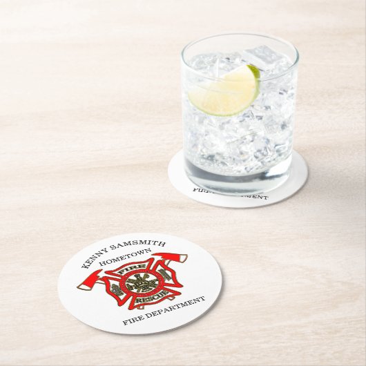 Logo der Feuerwehr Gold und Rotes Abzeichen Runder Pappuntersetzer (Vor Ort)