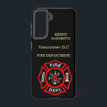Logo der Feuerwehr Schwarzes und Rotes Abzeichen Samsung Galaxy Hülle<br><div class="desc">Brandabteilung Logo Schwarz und Rot Abzeichen mit Brandketten und Leiter. Ideal für Feuerwehrleute und erste Befragte. Personalisieren Sie Ihre Zuhause mit Ihrem Namen und Ihrer Abteilung und mehr.monogram</div>