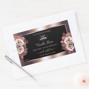 Logo der Luxus-Rose Gold Black Floral Product Labe Rechteckiger Aufkleber