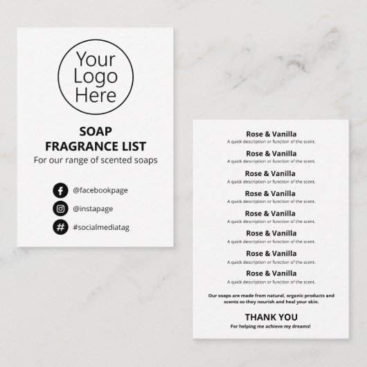 Logo der White Simple Soap Scent List Visitenkarte (Vorne/Hinten)