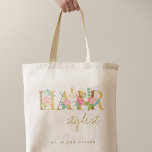 Logo des personalisierten Friseursalons Tragetasche<br><div class="desc">Personalisierter Friseur / Friseur-Name Tote-Tasche mit rot rosa und Imitat Goldfolie florale Typografie-Logo mit Schere.</div>