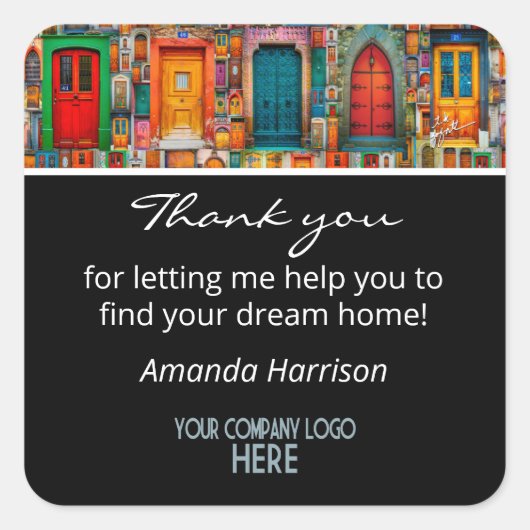 Logo des Unternehmens Real Anwesen Vielen Dank an Quadratischer Aufkleber (Vorderseite)