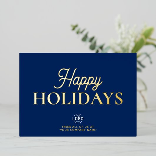 Logo Elegante Navy Blue Business Holiday Card Folieneinladung (Stehend vorne)