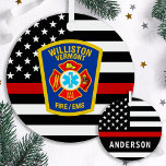Logo-Emblem für Feuerwehrleute Ornament Aus Metall<br><div class="desc">Thin Red Line Fire Department Ornament - American flag in Firefighter Flag colors, modern black and red design . Customize with your department logo and firefighter name. This personalized firefighter ornament is perfect for fire departments and fire service, Retirement or Graduation Ohrfeigen, Christmas ohrts to your firefighters. Order these firefighter...</div>