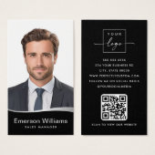Logo faux silver wave photo QR black business card (Vorne & Hinten)
