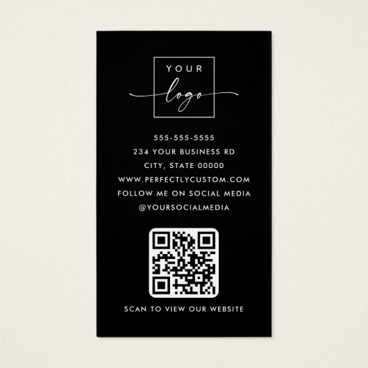 Logo faux silver wave photo QR black business card (Rückseite)