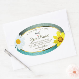 Logo "Floral Aquamarin Blue Glitzer White Product Ovaler Aufkleber