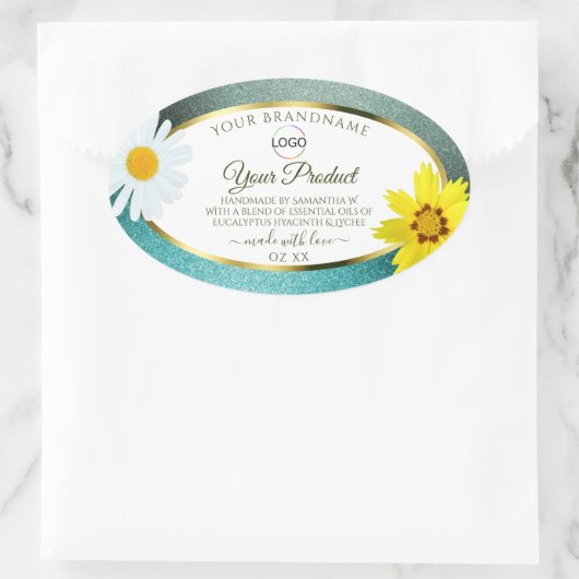 Logo "Floral Aquamarin Blue Glitzer White Product Ovaler Aufkleber (Tasche)