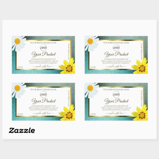 Logo "Floral Aquamarin Blue Glitzer White Product Rechteckiger Aufkleber (Blatt)