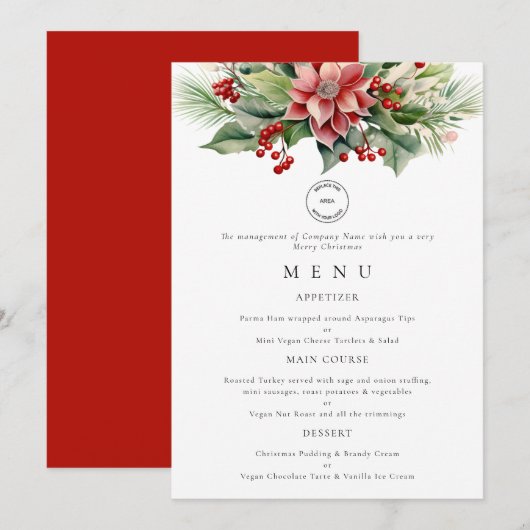 Logo Florals Weihnachtsmenü Party Karte (Vorne/Hinten)