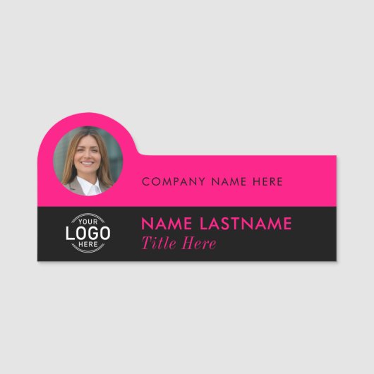 Logo Foto ID Modern Hot Pink Black Business Titel Namensschild (Vorderseite)