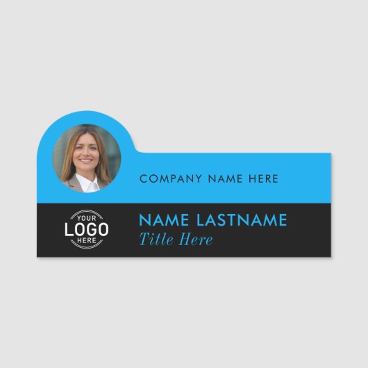 Logo-Foto-ID Modern Sky Blue Black Business Titel Namensschild (Vorderseite)