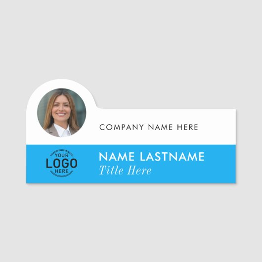 Logo-Foto-ID Stylish Simple Sky Blue Business Namensschild (Vorderseite)