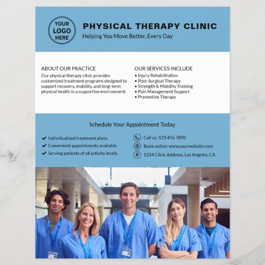 Logo-Foto-QR-Code der Physiotherapieklinik in Blau Flyer (Vorne)