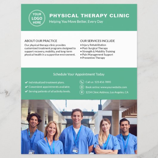 Logo-Foto-QR-Code der Physiotherapieklinik in Grün Flyer (Vorne)