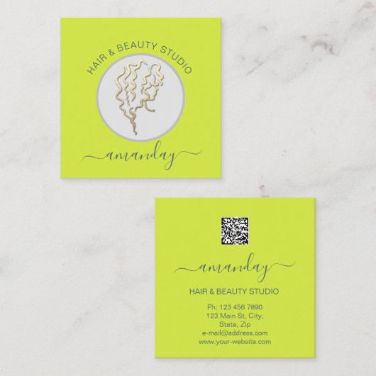 Logo-Friseur Makeup Artist Gelber QR-Code Quadratische Visitenkarte (Vorne/Hinten)
