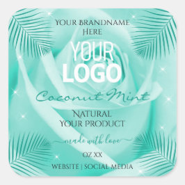 Logo für Blumenmarken Aquamarine Rose Palm-Blätter Quadratischer Aufkleber