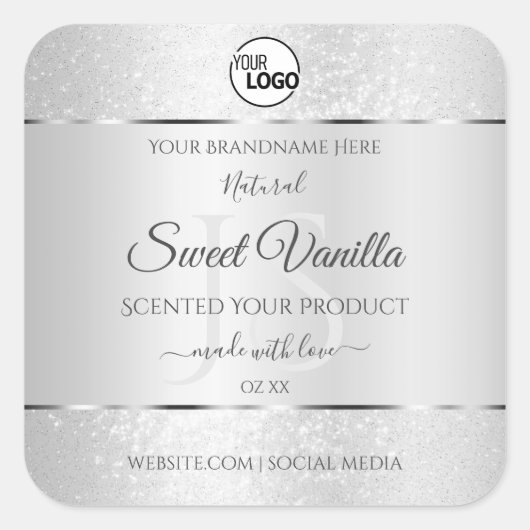 Logo für hellsilberne Glitzer-Produktzeichen Monog Quadratischer Aufkleber (Vorderseite)