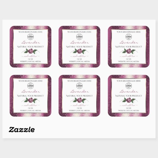 Logo für lila Glitzer-Etiketten für weiße Blumenpr Quadratischer Aufkleber (Blatt)