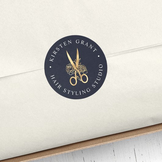 Logo für Navy & Gold Floral Scissors Runder Aufkleber