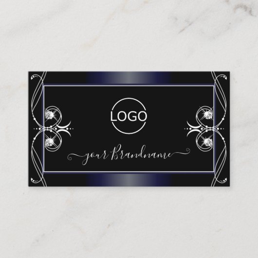 Logo für Schwarz-Dunkel-Blau-Verziert-faltende Dia Visitenkarte (Vorderseite)