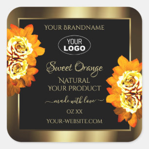 Logo für schwarze Gold-Produktmarken, Leafy Orange Quadratischer Aufkleber