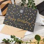 Logo Glitzer Gold Confetti Dunkelgrau Geburtstag Karte<br><div class="desc">Diese moderne, elegante und dennoch gemütliche Business Happy Birthday Card mit Imitat Goldconfetti auf dunkelgrauem, individuellem Farbhintergrund ist individuell gestaltet. Bitte beachten Sie, dass das Glitzer-Gold ein flach gelbbraunes Beige-Farbdruck ist und keine Goldfolie oder Glitzer ist. Die dunkelblaue Hintergrundfarbe kann in jede andere Farbe geändert werden. Ändern Sie das Bild...</div>