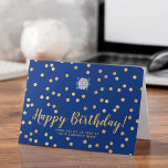 Logo Glitzer Gold Confetti Navy Blue Geburtstag Karte<br><div class="desc">Passen Sie diese moderne, elegante berufliche, aber immer noch warme und freundliche horizontale Business Happy Birthday Card mit Imitaten Gold Confetti auf marinebasischem Hintergrund an. Bitte beachten Sie, dass das Glitzer-Gold ein flach gelbbraunes Beige-Farbdruck ist und keine Goldfolie oder Glitzer ist. Die dunkelblaue Hintergrundfarbe kann in jede andere Farbe geändert...</div>