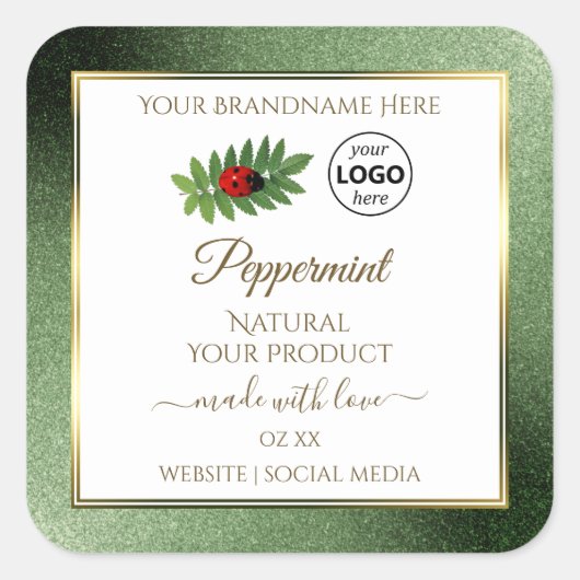 Logo "Green Glitzer" und "White Product Label Lady Quadratischer Aufkleber (Vorderseite)