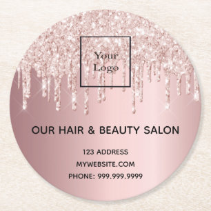 Logo Haare Schönheitssalon Rose Gold Rosa Glitzer  Runder Pappuntersetzer