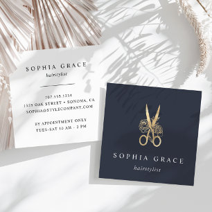 Logo-Haarstylle für Navy & Gold Floral Scissors Quadratische Visitenkarte