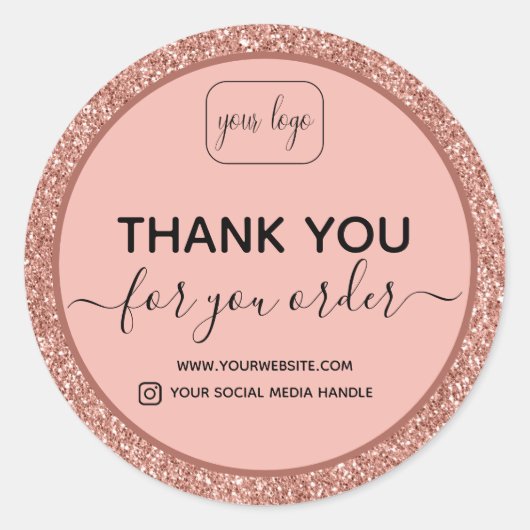 Logo hinzufügen | Danke, Rose Gold Glitzer Runder Aufkleber (Vorderseite)