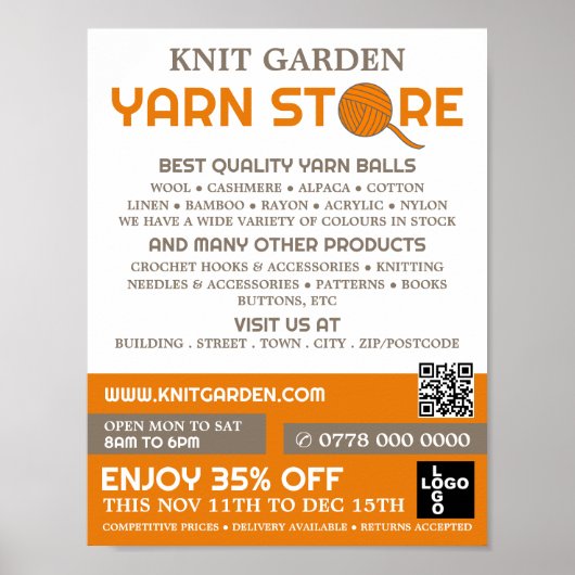Logo im Orange-Garn-Store, Knitterladen, Garnspeic Poster (Vorne)