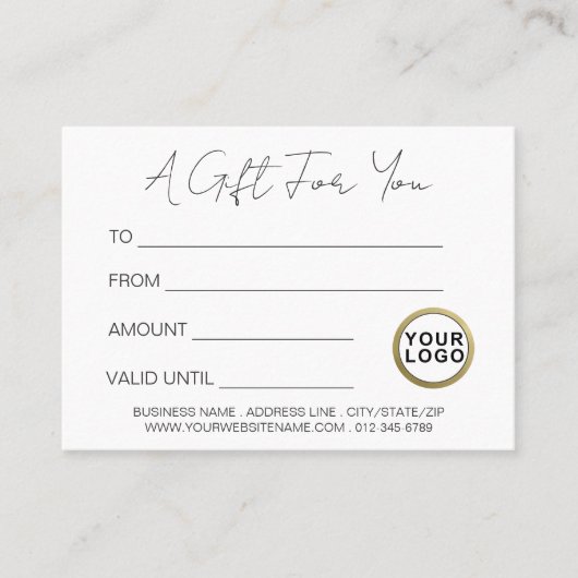 Logo Modernes Minimalistisches Weißes Geschenkzert Visitenkarte (Vorderseite)