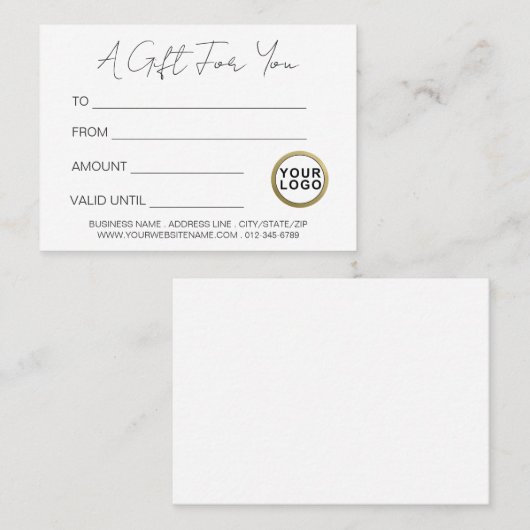 Logo Modernes Minimalistisches Weißes Geschenkzert Visitenkarte (Vorne/Hinten)