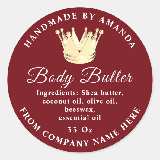 Logo Name Body Butter Scrub Golden Crown Maroon Runder Aufkleber (Vorderseite)