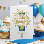 Logo Navy Blue Gold Fireworks Group zum Geburtstag Karte<br><div class="desc">Passen Sie diese lustige moderne, einfache Business Happy Birthday Card an. Stilvolles, sauberes Design mit goldenem Feuerwerk in Imitaten mit handgeschriebenem Happy Birthday Text aus einer offenen, marineblau-blauen Aquarellfarben-Geschenkboxen mit Imitaten goldenen Band. Bitte beachten Sie, dass die Goldelemente beige-gelb-flach gedruckt sind und keine echte Goldfolie. Ersetzen Sie das Logo hier...</div>
