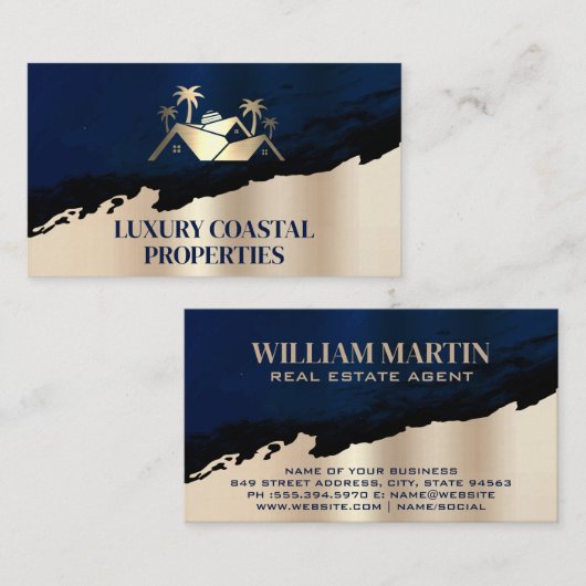 Logo "Palm Tree Real Anwesen" | Blue Gold Visitenkarte (Vorne/Hinten)
