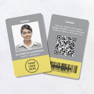 Logo QR Barcodes Grau Gelb Mitarbeiter-Foto-ID Ausweis