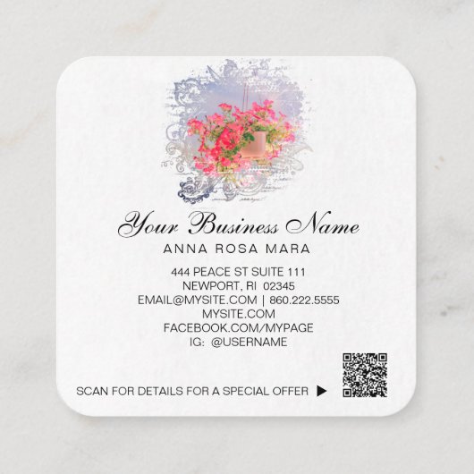 *~* Logo QR Blumenblume Blume mit Pink Petunia Pot Quadratische Visitenkarte (Rückseite)
