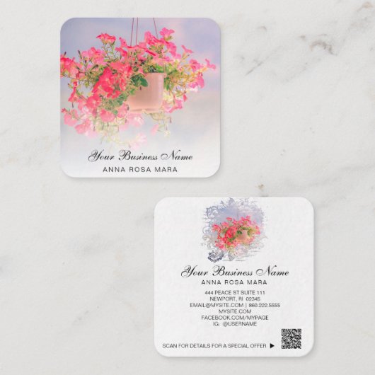 *~* Logo QR Blumenblume Blume mit Pink Petunia Pot Quadratische Visitenkarte (Vorne/Hinten)